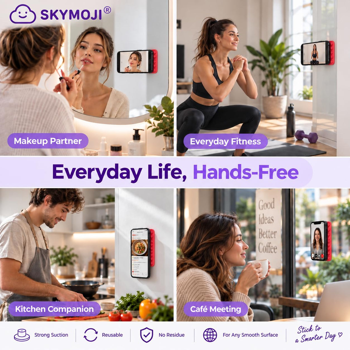 SKYMOJI  Design Double-Sided Silicone Suction Cup Phone Mount – Reusable Hands-Free Holder for Mirrors, Glass, Tiles & Smooth Surfaces – Compatible with iPhone & Android (RED)